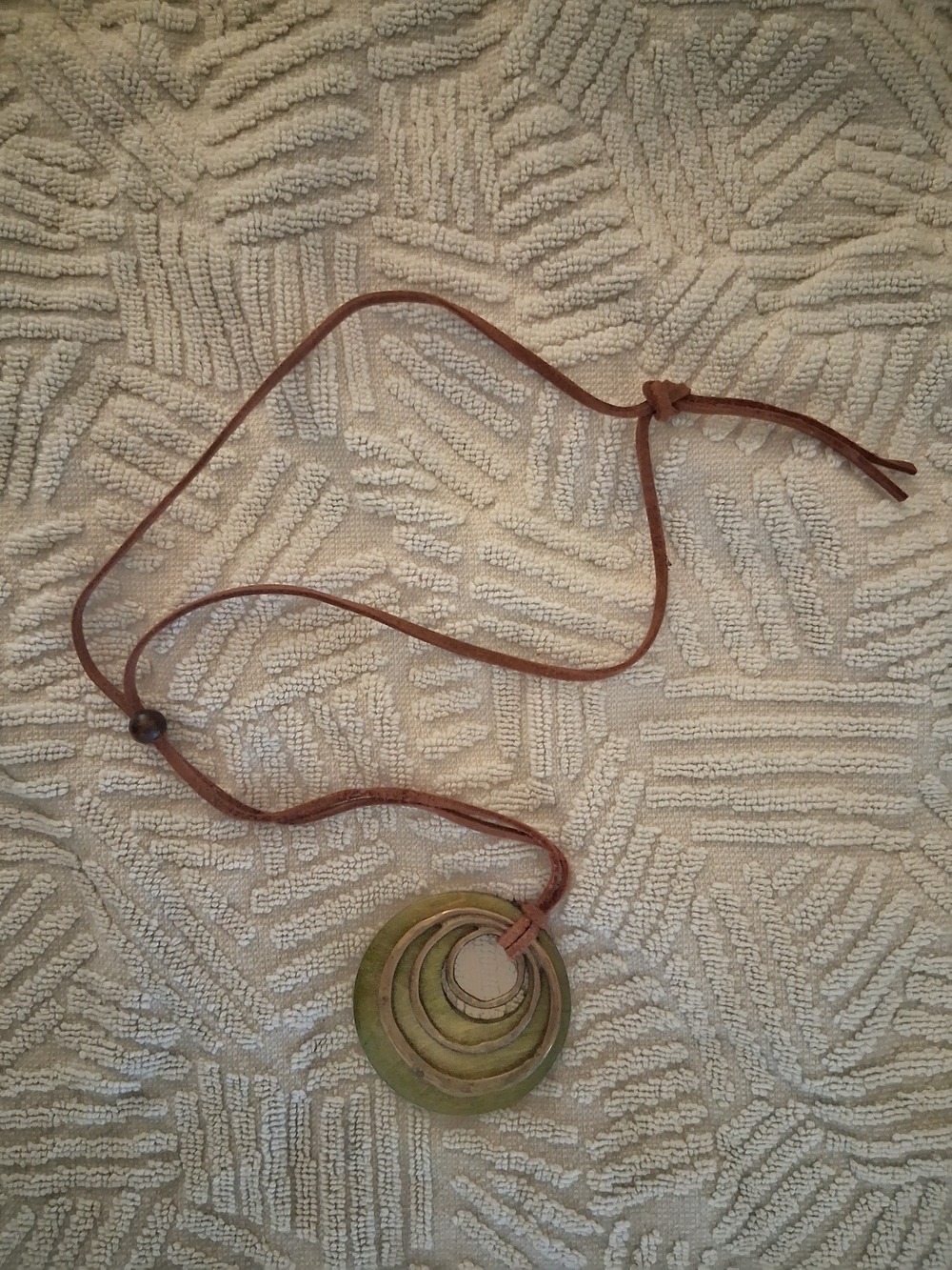 Leather Cord Necklace with Green Wooden Circle Pendant